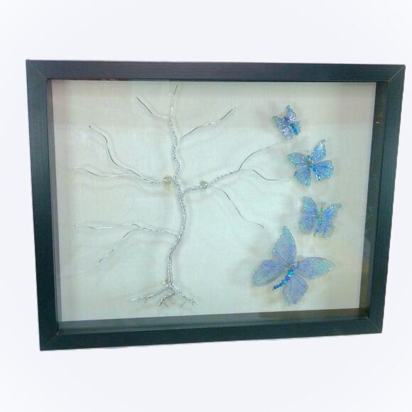 Whimsical Winged Butterflies Framed Art Hand Crafted Wire Tree 15x12 Blue Morpho - Picture 14 of 15